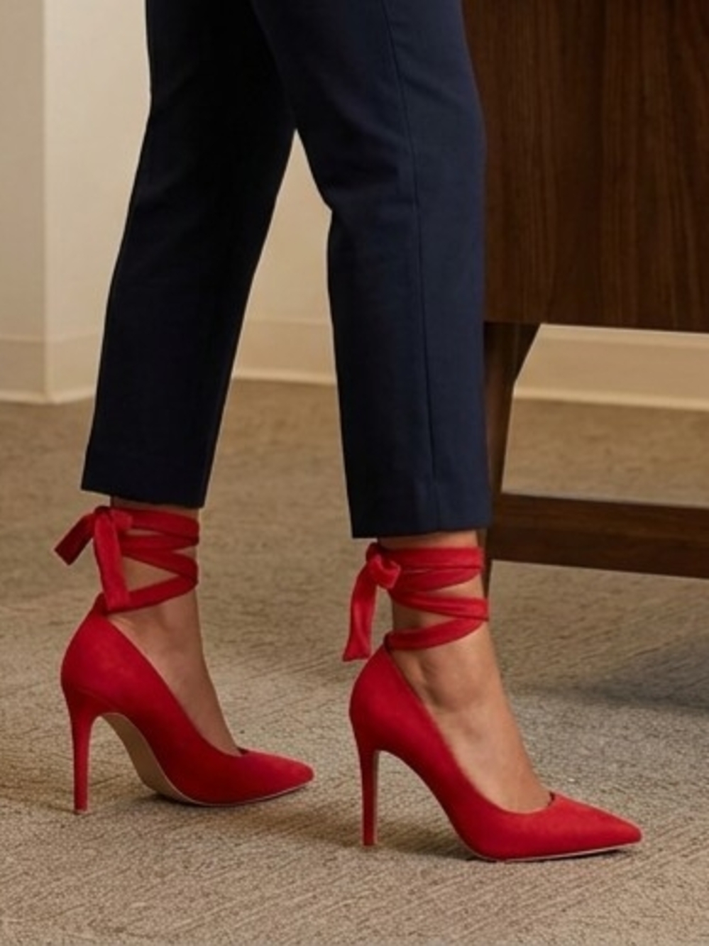 Red Suede Stiletto Heels Sz 8 Pointed Toe Ankle Ribbon Tie Lace Up Party Wedding